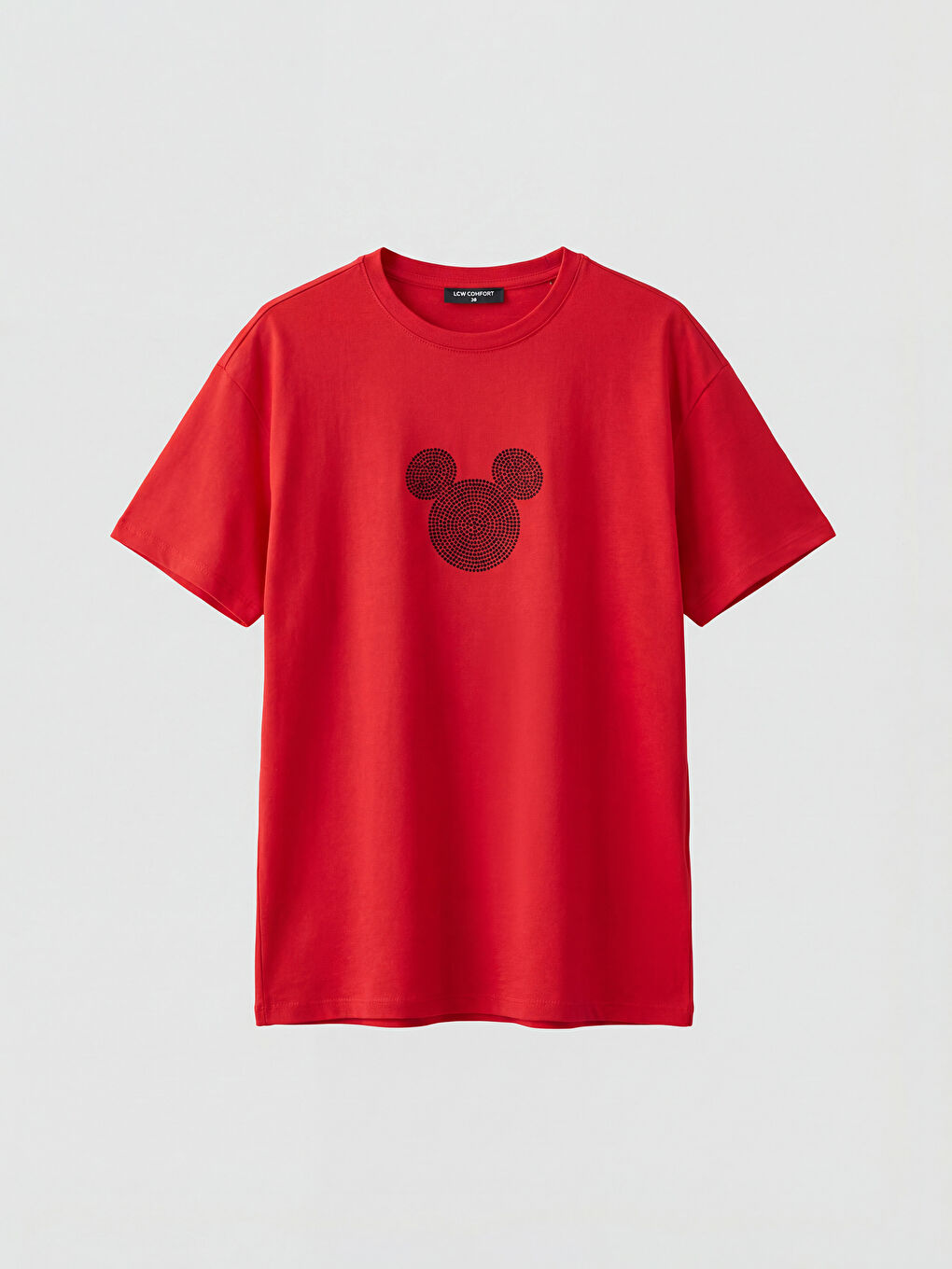 Kırmızı Bisiklet Yaka Mickey Mouse Baskılı Kadın Tişört