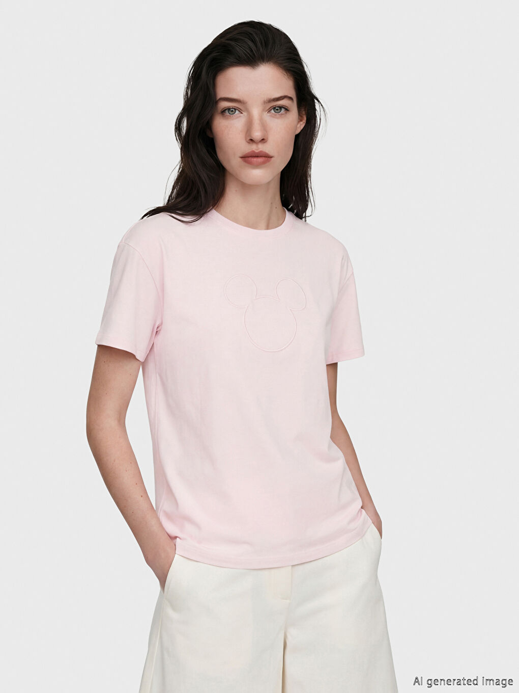 Pembe Bisiklet Yaka Mickey Mouse Baskılı Kadın Tişört