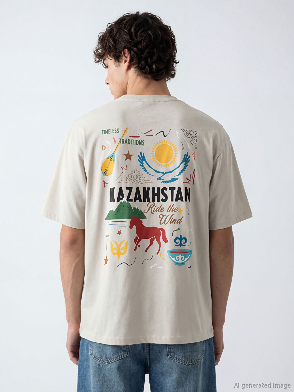 дөңгелек жағалы қазақстан принтті ерлер футболкасы-3