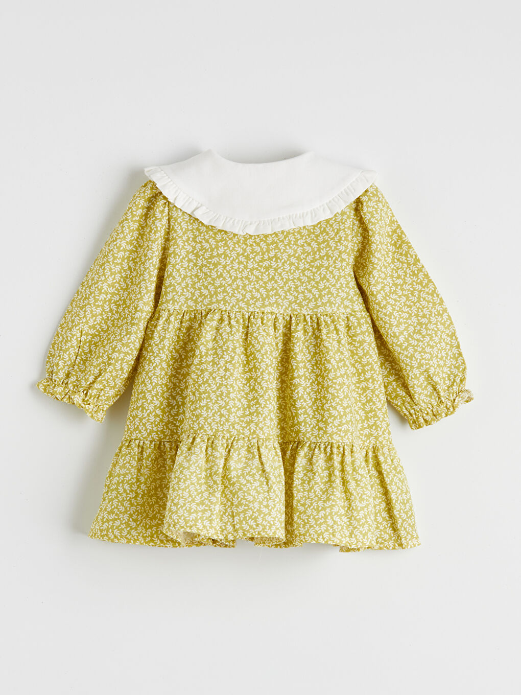 Yeşil Bebe Yaka Uzun Kollu Desenli Kız Bebek Elbise-2