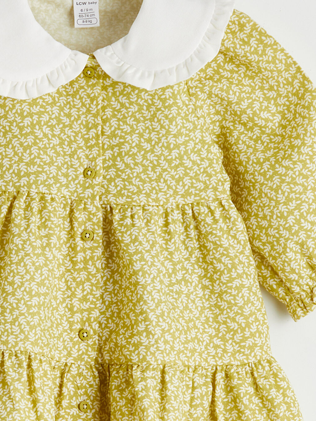 Yeşil Bebe Yaka Uzun Kollu Desenli Kız Bebek Elbise-3