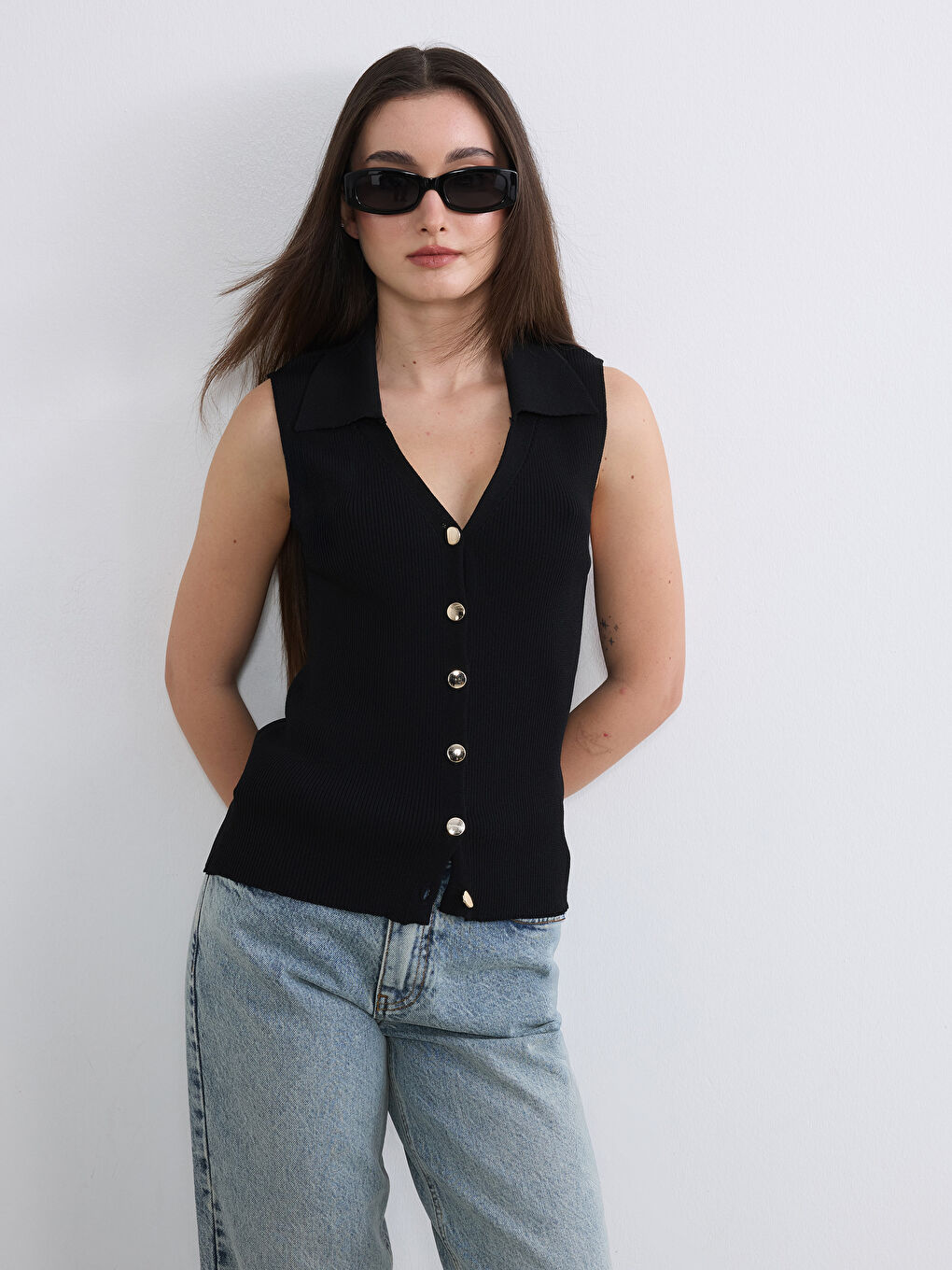 Siyah Petite Polo Yaka Kadın Triko Yelek