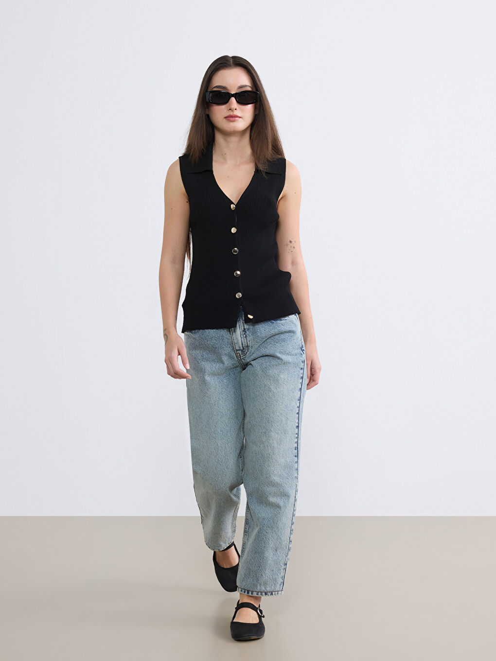 Siyah Petite Polo Yaka Kadın Triko Yelek-2