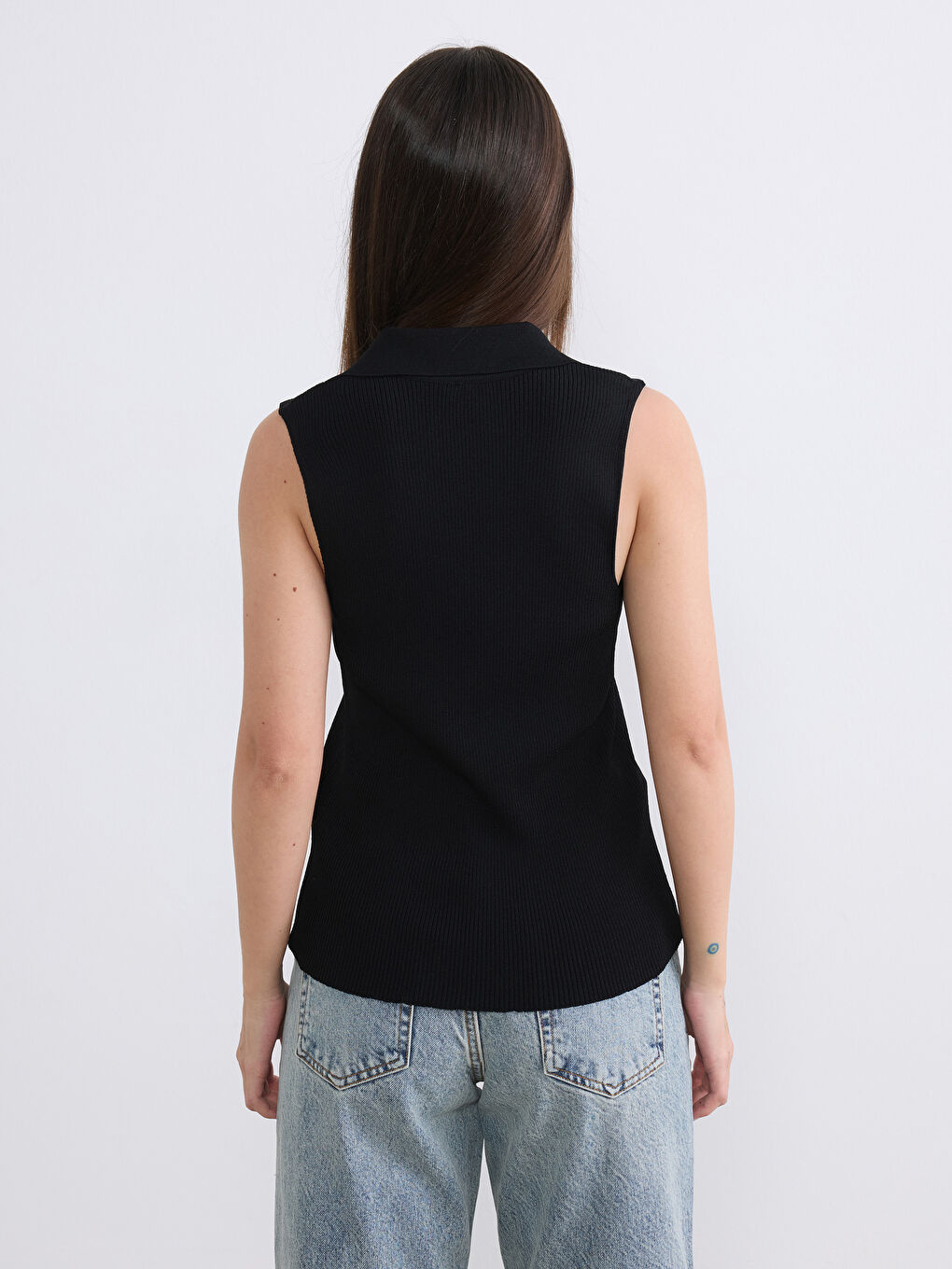 Siyah Petite Polo Yaka Kadın Triko Yelek-4