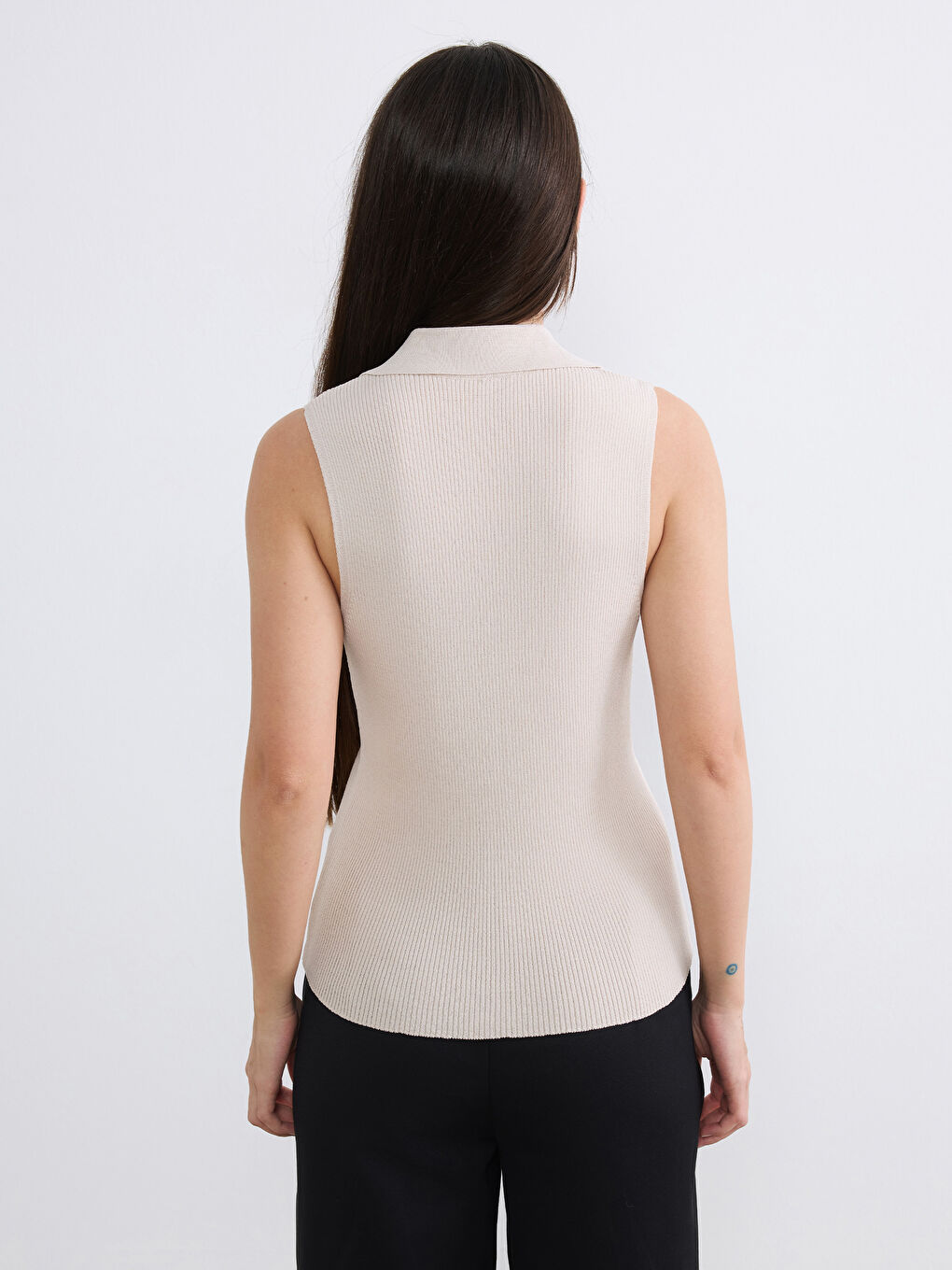 Bej Petite Polo Yaka Kadın Triko Yelek-3