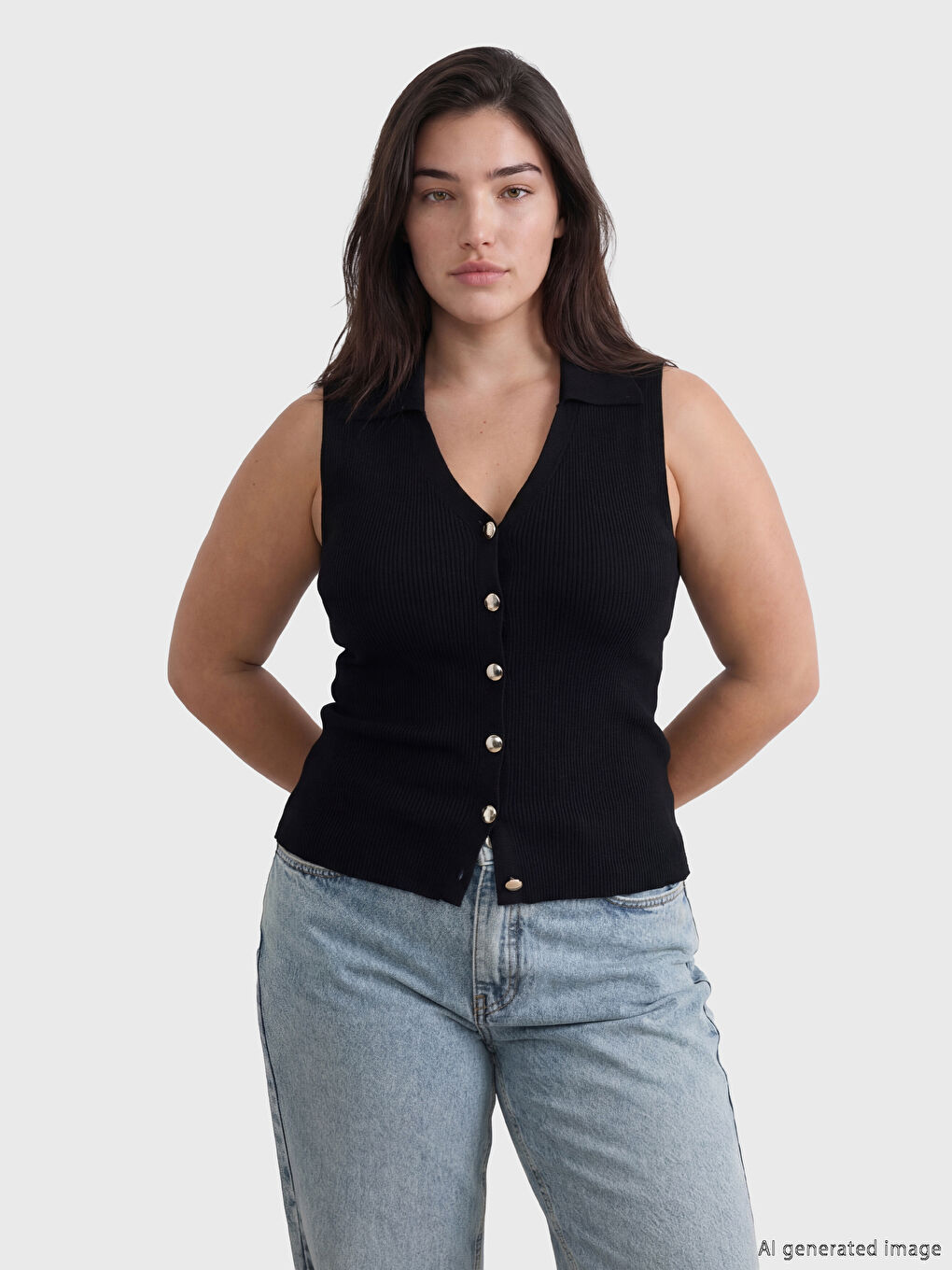 Siyah Petite Polo Yaka Kadın Triko Yelek-1