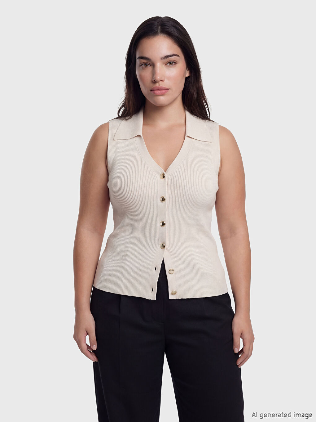 Bej Petite Polo Yaka Kadın Triko Yelek-1