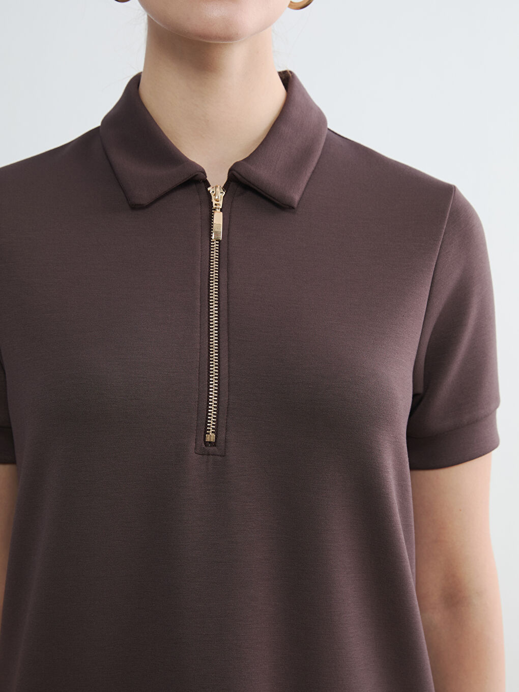 Kahverengi Polo Yaka Soft Touch Mini Elbise-2
