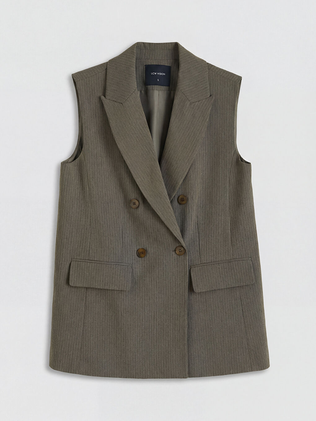 Haki Kruvaze Yaka Çizgili Kadın Klasik Yelek-3