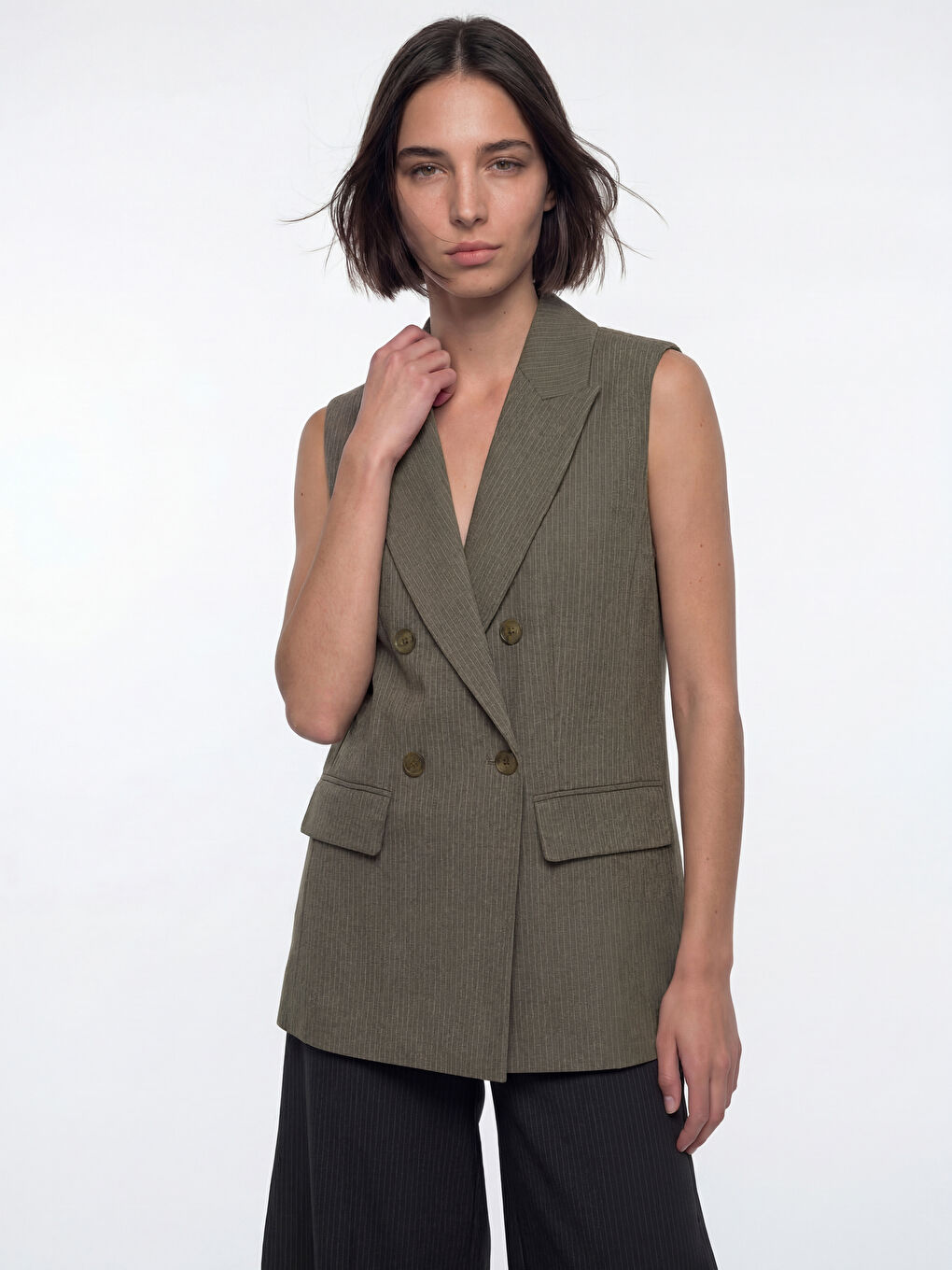 Haki Kruvaze Yaka Çizgili Kadın Klasik Yelek