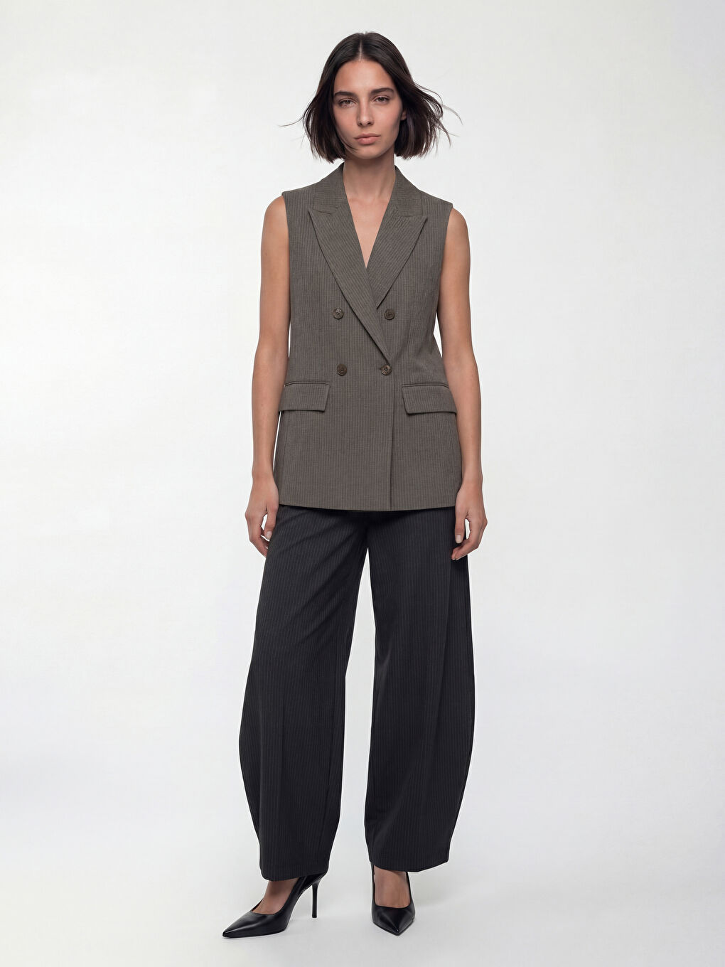 Haki Kruvaze Yaka Çizgili Kadın Klasik Yelek-1