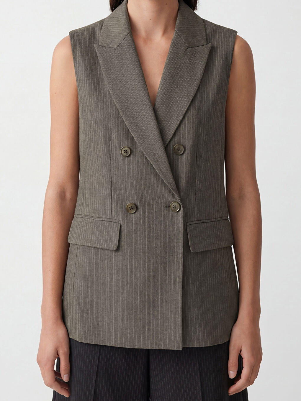 Haki Kruvaze Yaka Çizgili Kadın Klasik Yelek-2