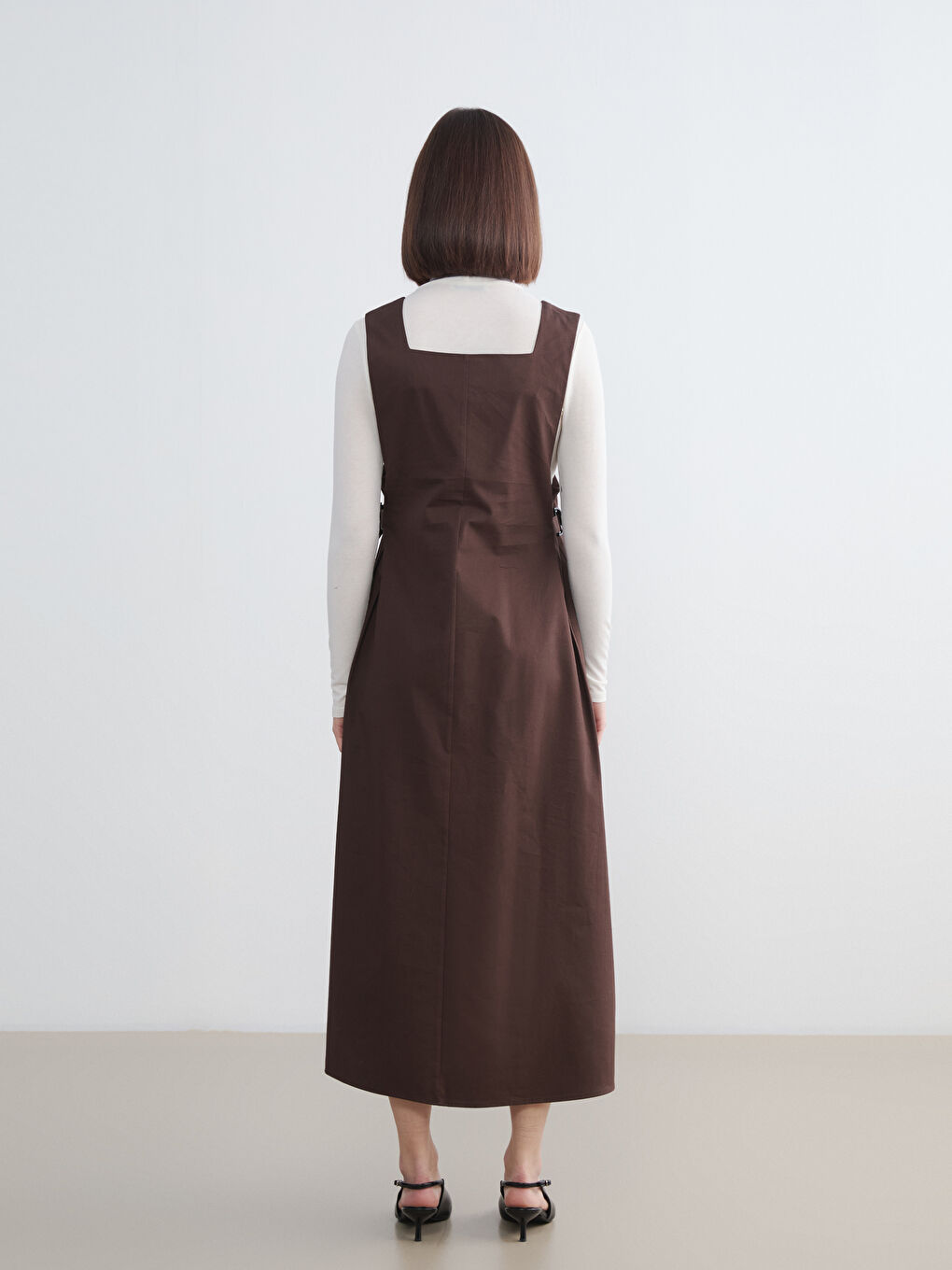 Kahverengi Kare Yaka Jile Elbise-3