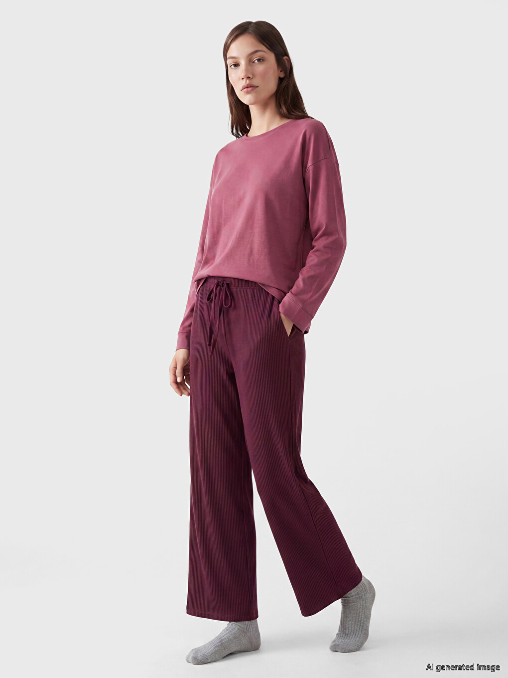 Mürdüm Bisiklet Yaka Kadın Pijama Üstü-1