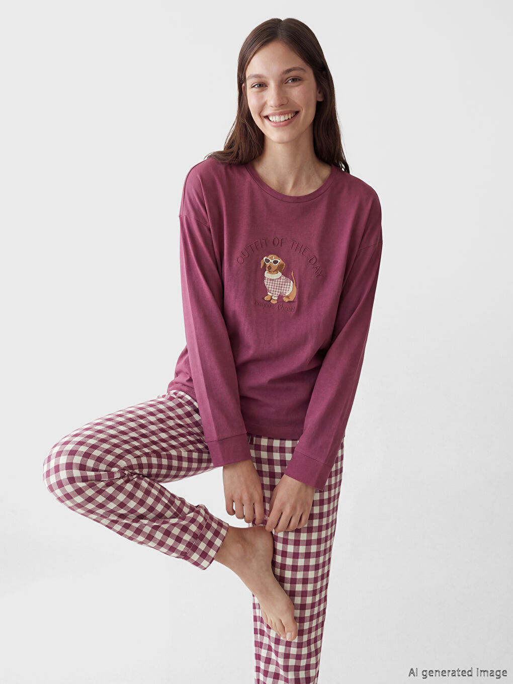 Kırmızı Bisiklet Yaka Baskılı Kadın Pijama Takım