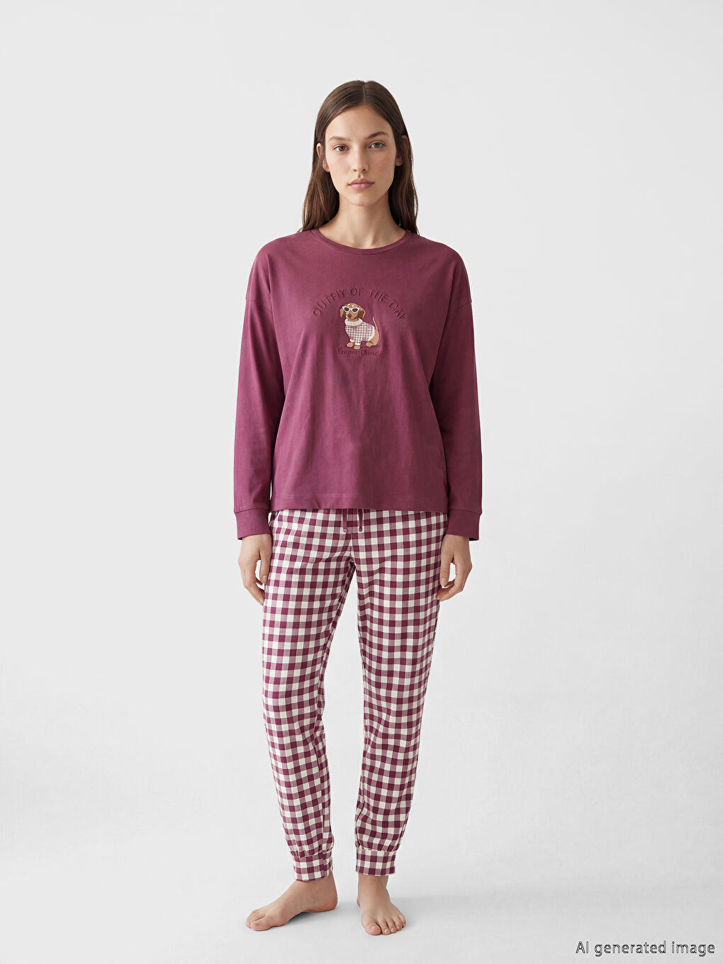 Kırmızı Bisiklet Yaka Baskılı Kadın Pijama Takım-1