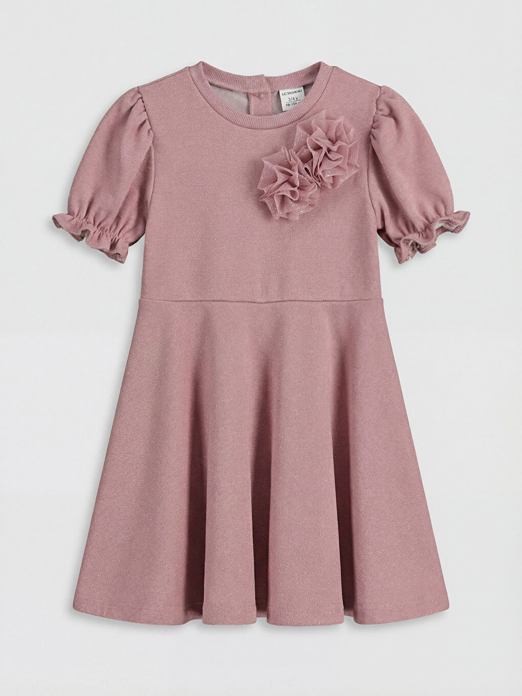 Pembe Bisiklet Yaka Çiçek Detaylı Kız Çocuk Elbise	