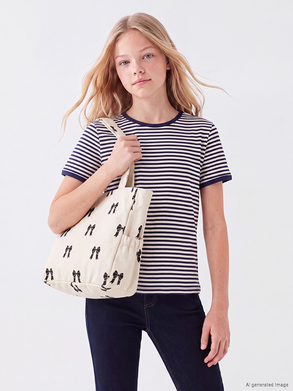 Bow Printed Canvas Girls' Shoulder Bag