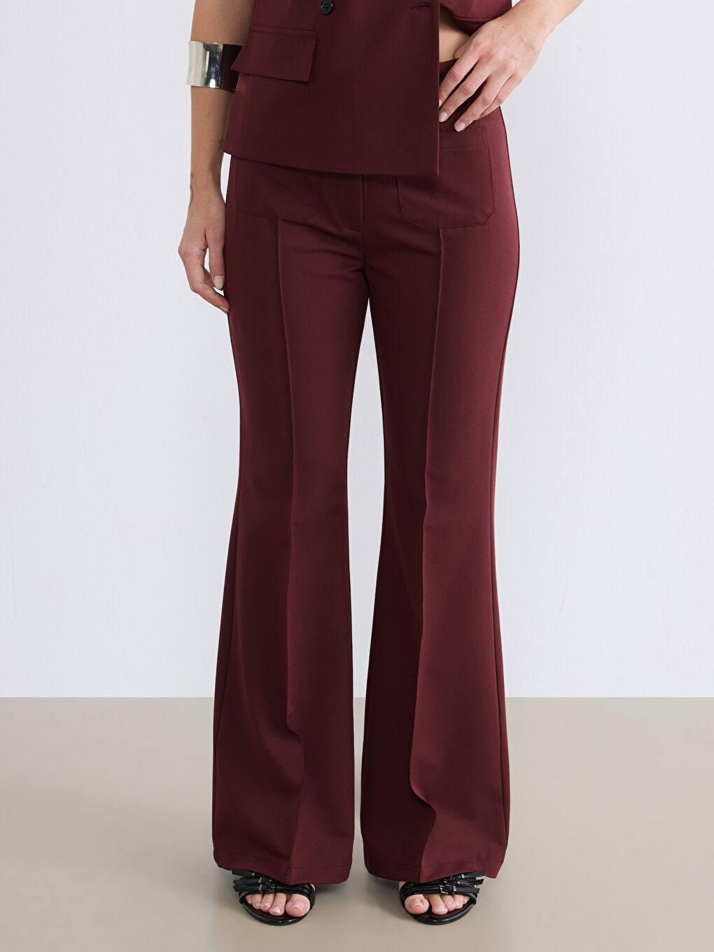 Bordo Petite İspanyol Paça Kadın Pantolon-2