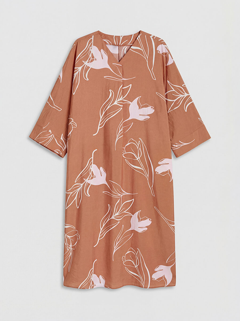 Pembe V Yaka Etnik Desenli Elbise