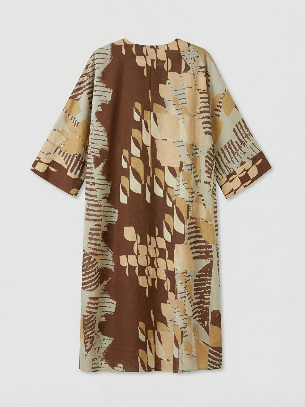 Kahverengi V Yaka Etnik Desenli Elbise-1