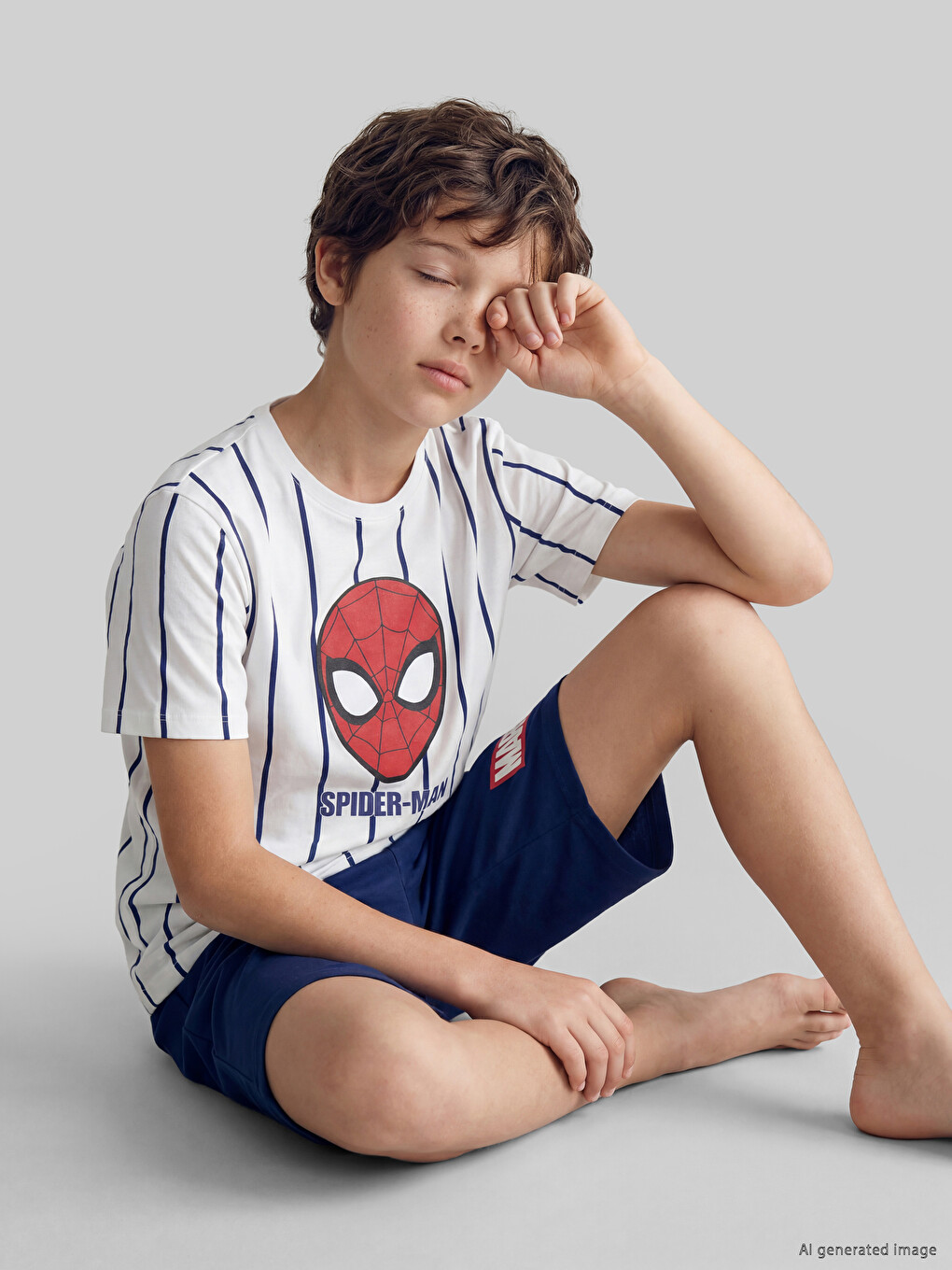 Beyaz Spider-Man Baskılı Erkek Çocuk Şortlu Şortlu Pijama Takımı-1