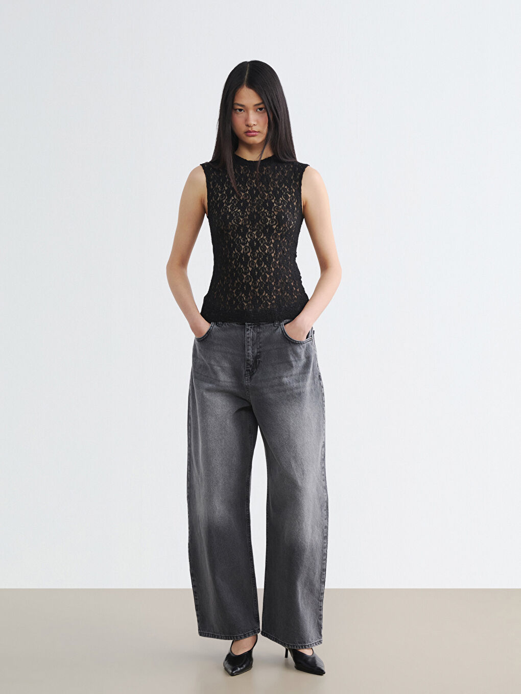 Gri Baggy Fit Kadın Jean Pantolon