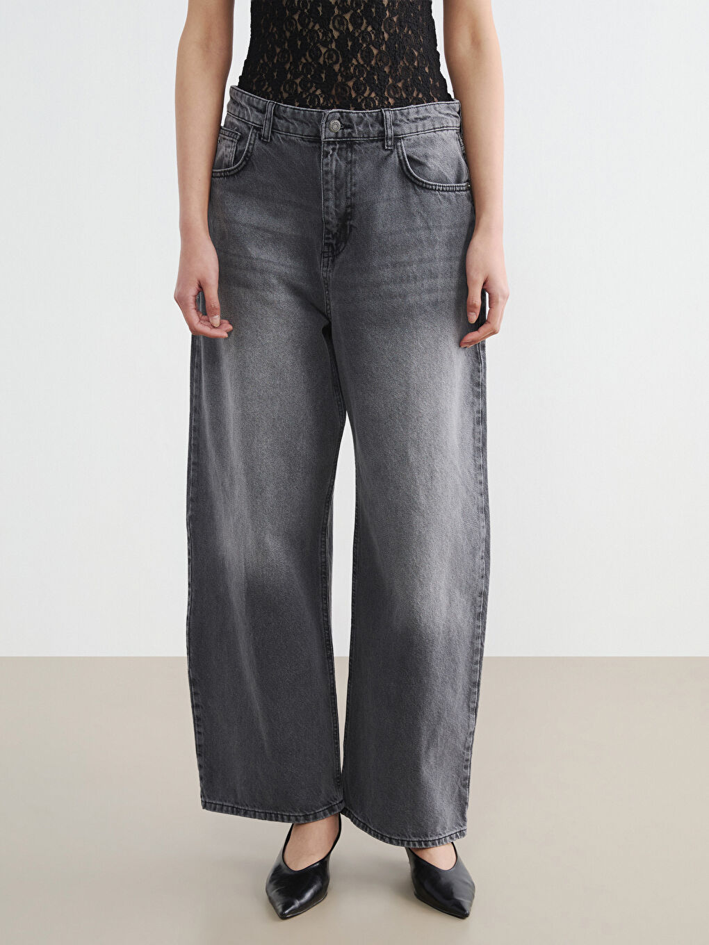 Gri Baggy Fit Kadın Jean Pantolon-1