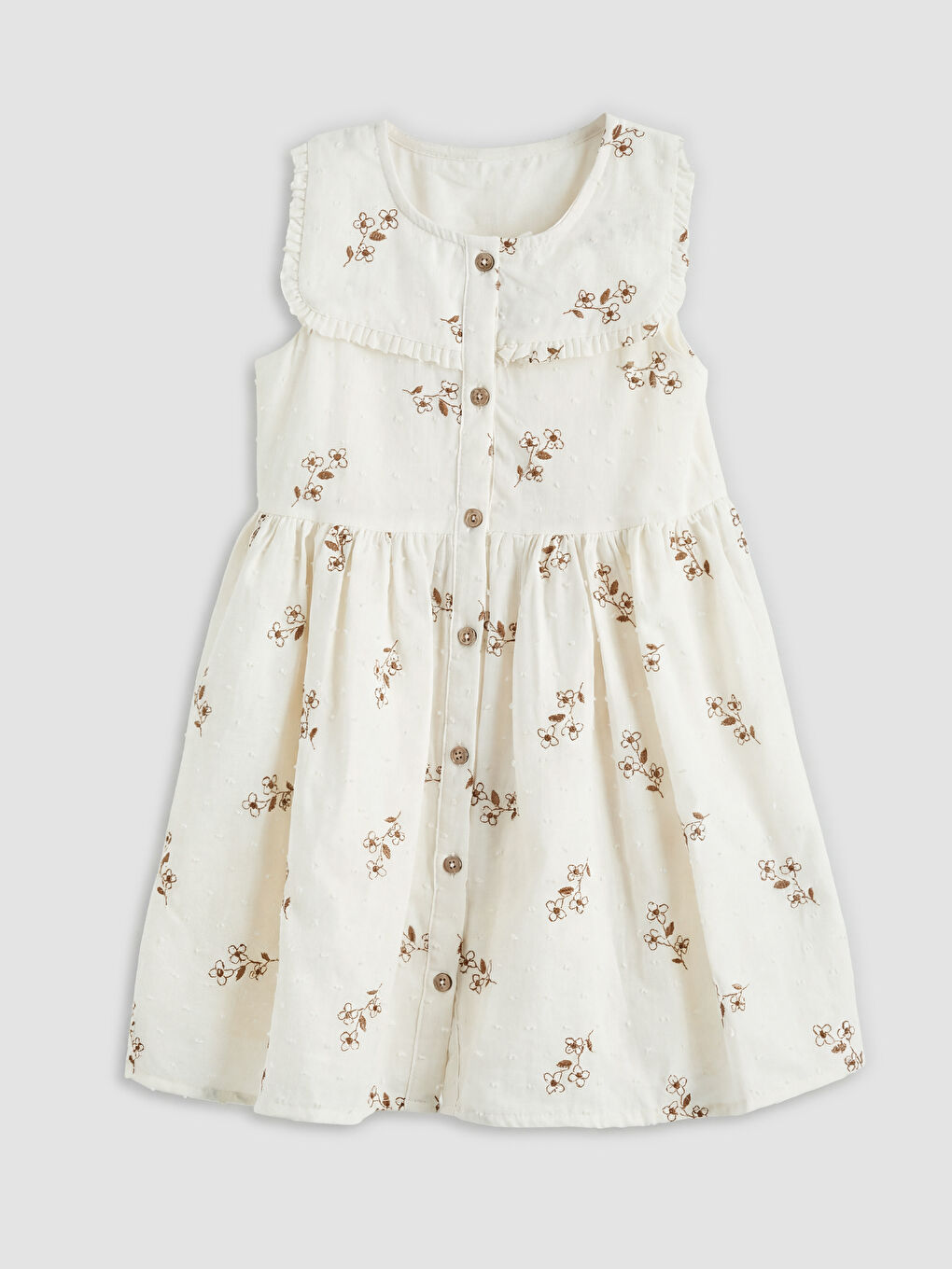 Ekru Kare Yaka Çiçekli Kız Çocuk Elbise