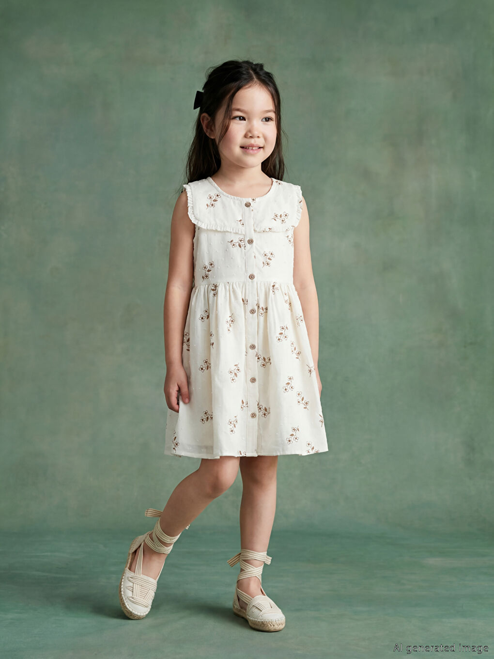 Ekru Kare Yaka Çiçekli Kız Çocuk Elbise