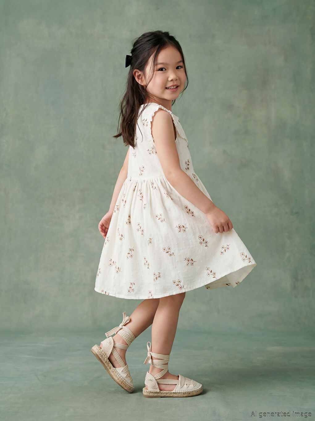 Ekru Kare Yaka Çiçekli Kız Çocuk Elbise-1