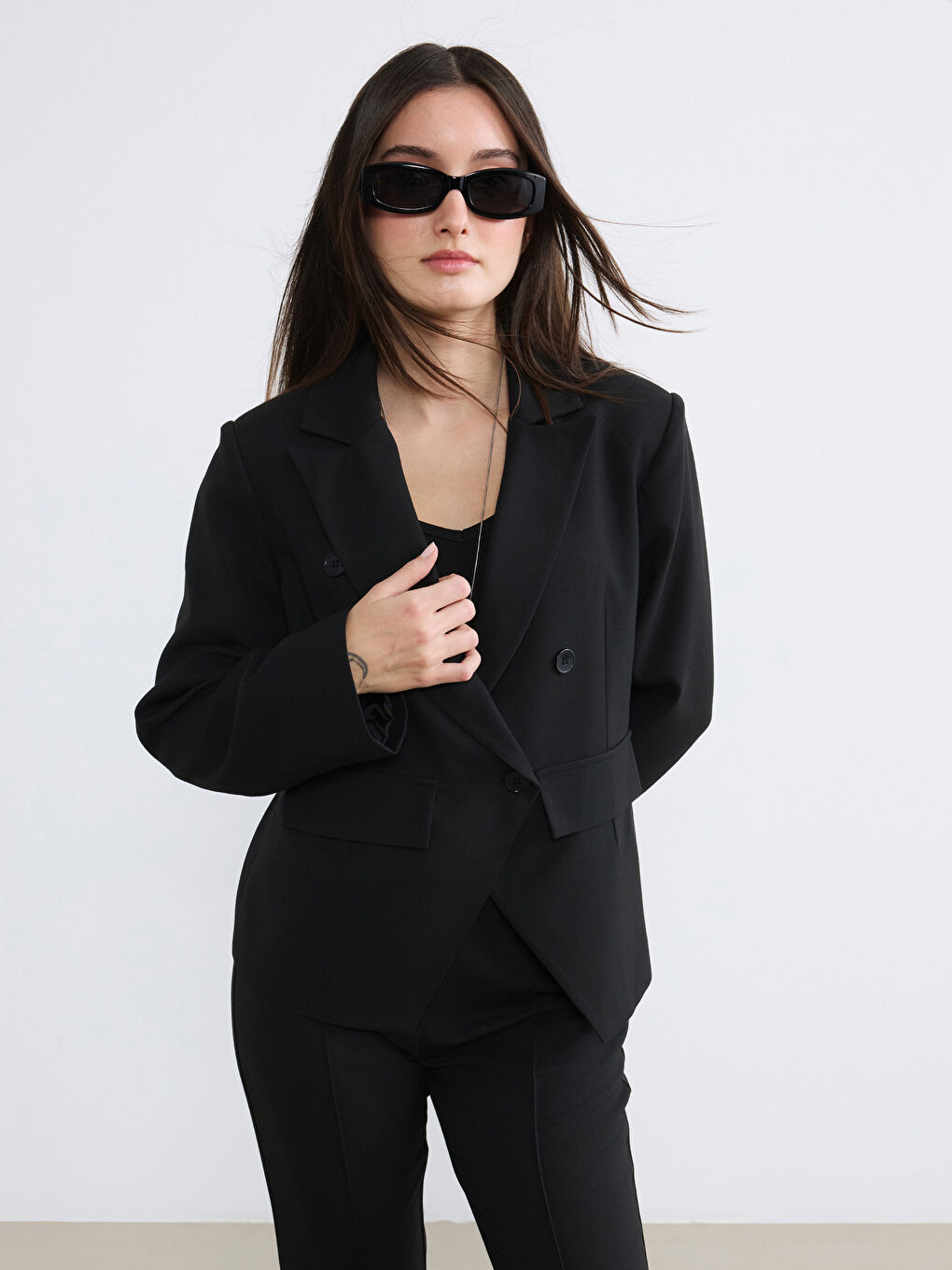 Siyah Petite Kruvaze Yaka Kadın Blazer Ceket	