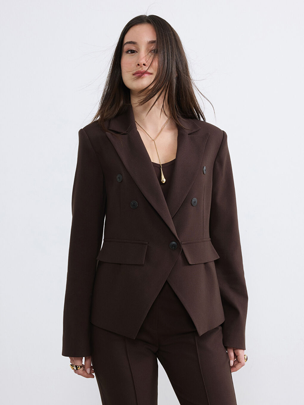 Kahverengi Petite Kruvaze Yaka Kadın Blazer Ceket	