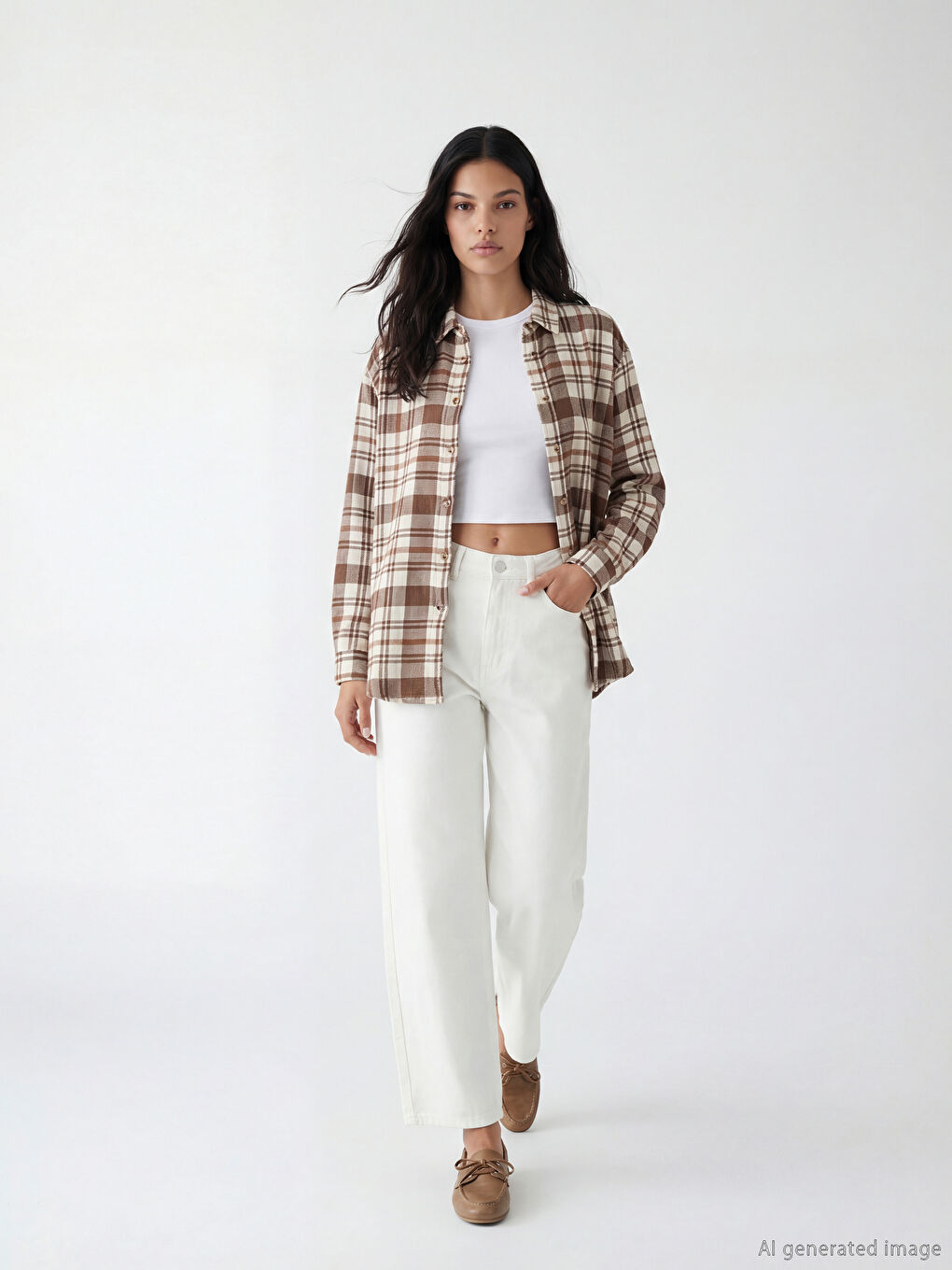 Kahverengi Ekose Oversize Kadın Oduncu Gömlek-1