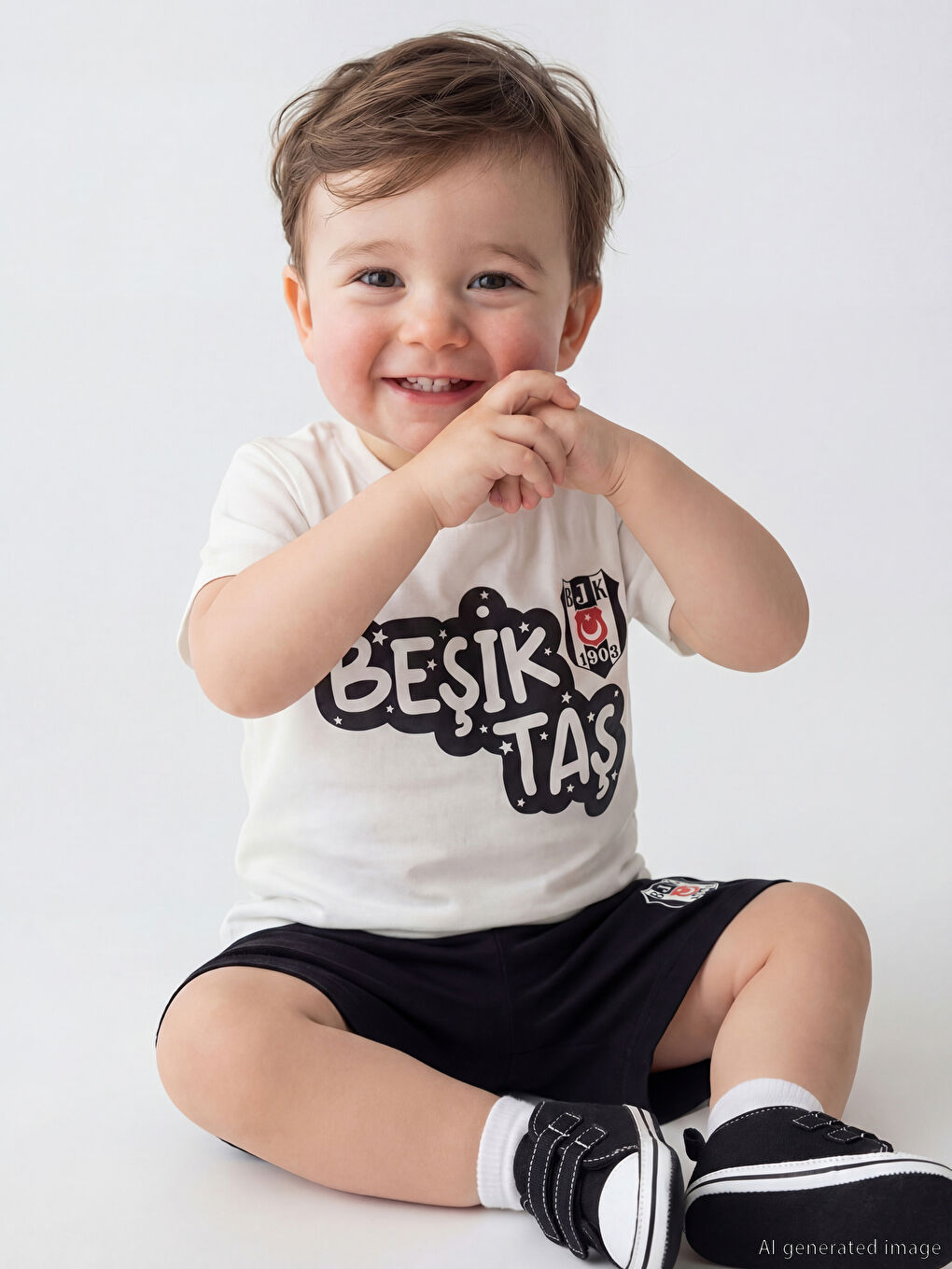 Beyaz Beşiktaş Lisanslı Erkek Bebek Tişört ve Şort Takım-1