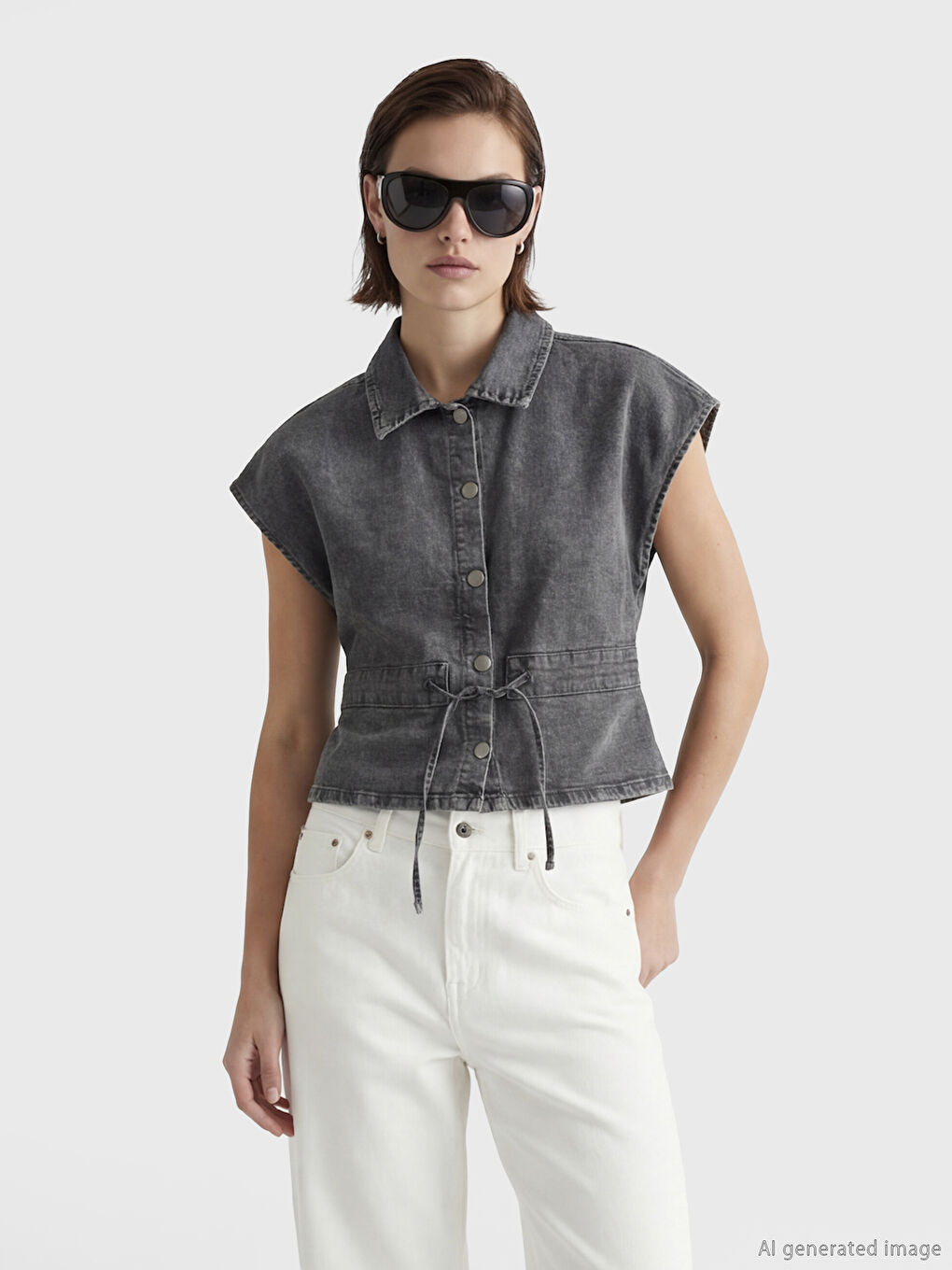 Antrasit Gömlek Yaka Kadın Jean Yelek