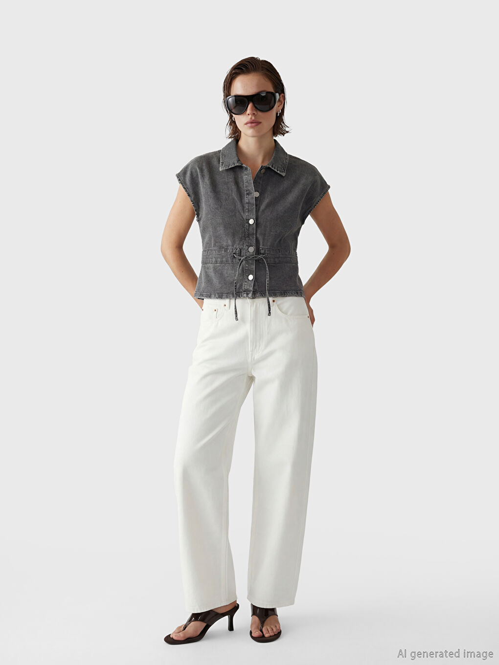 Antrasit Gömlek Yaka Kadın Jean Yelek-1