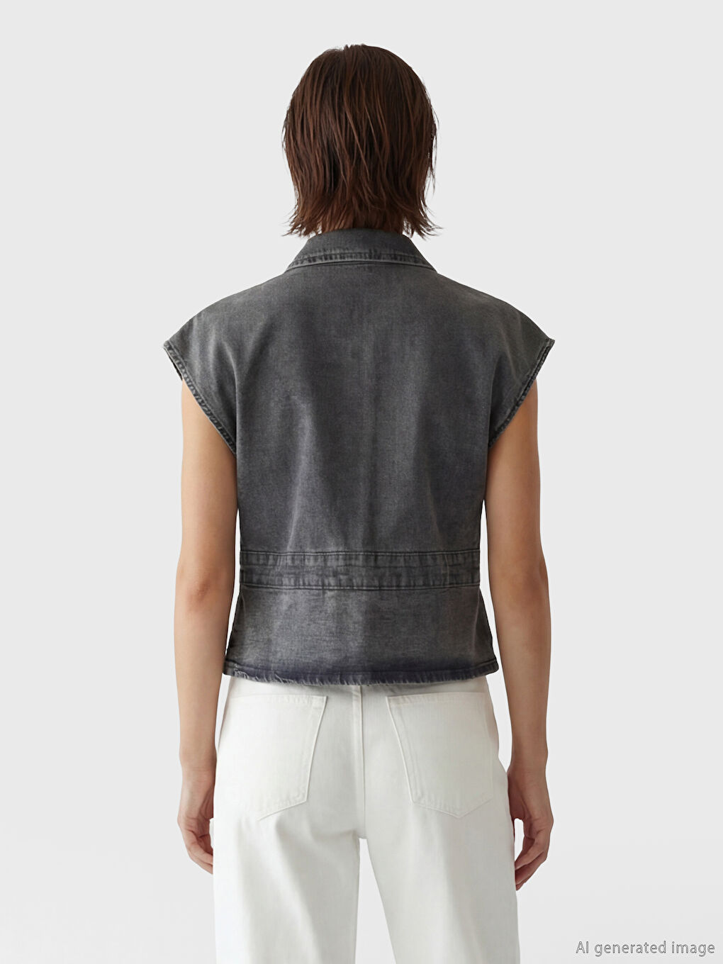 Antrasit Gömlek Yaka Kadın Jean Yelek-2