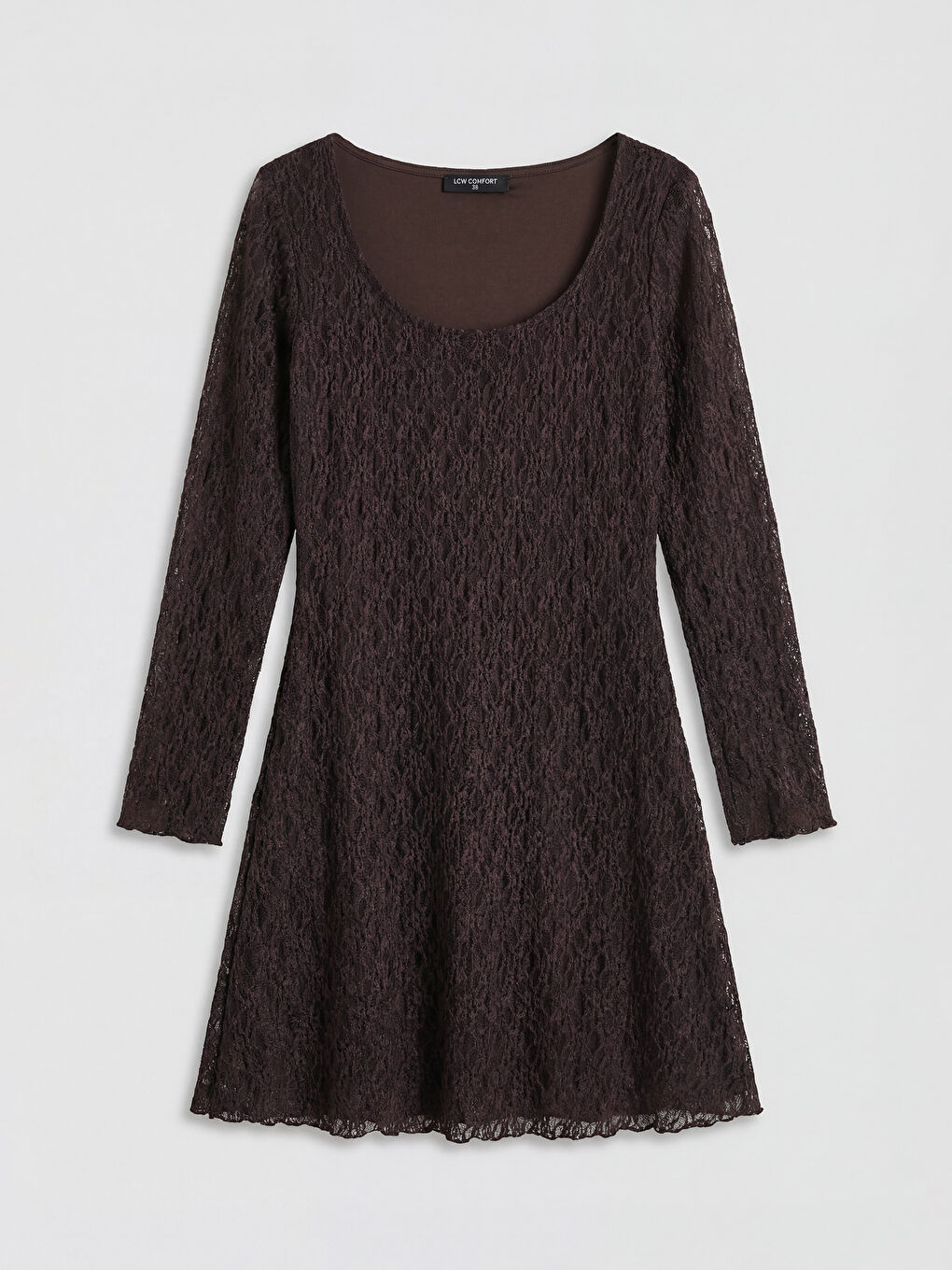 Kahverengi U Yaka Dantelli Mini Elbise	