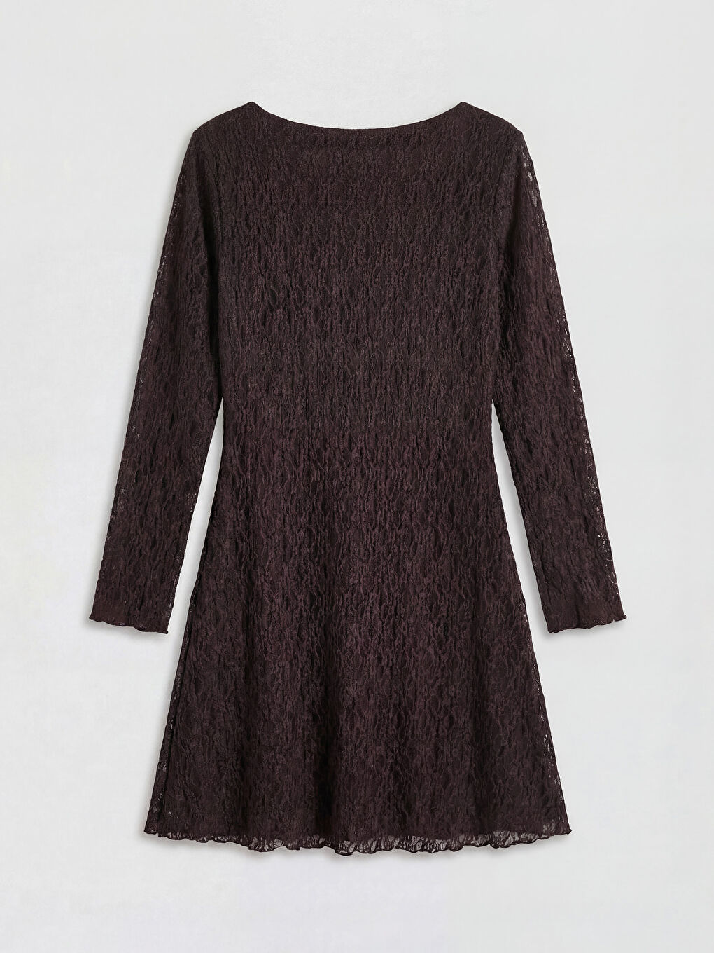 Kahverengi U Yaka Dantelli Mini Elbise	-1