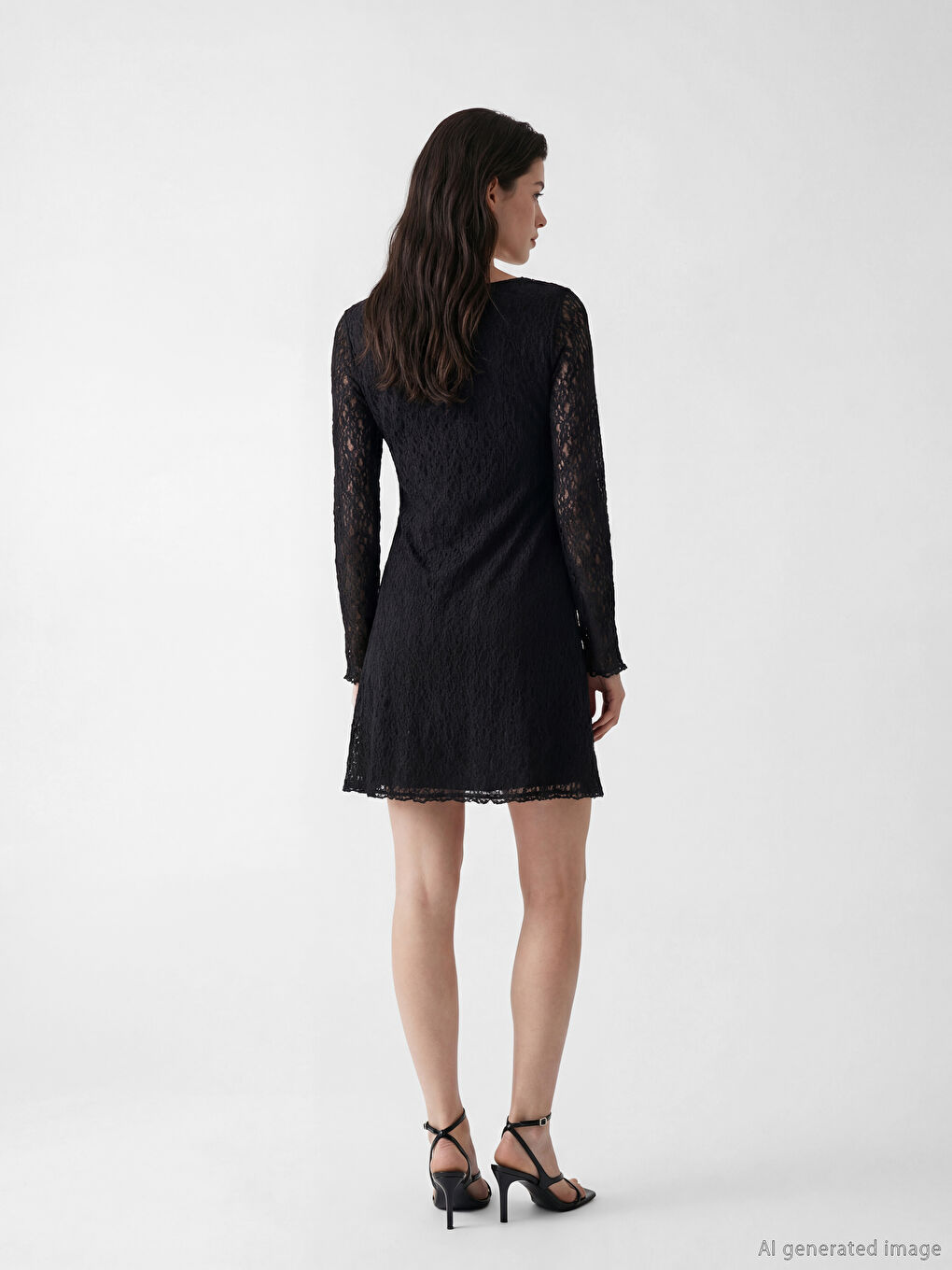 Siyah U Yaka Dantelli Mini Elbise	-1
