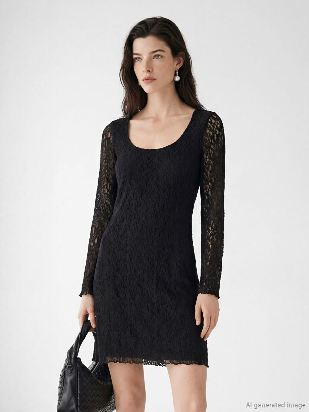Siyah U Yaka Dantelli Mini Elbise	