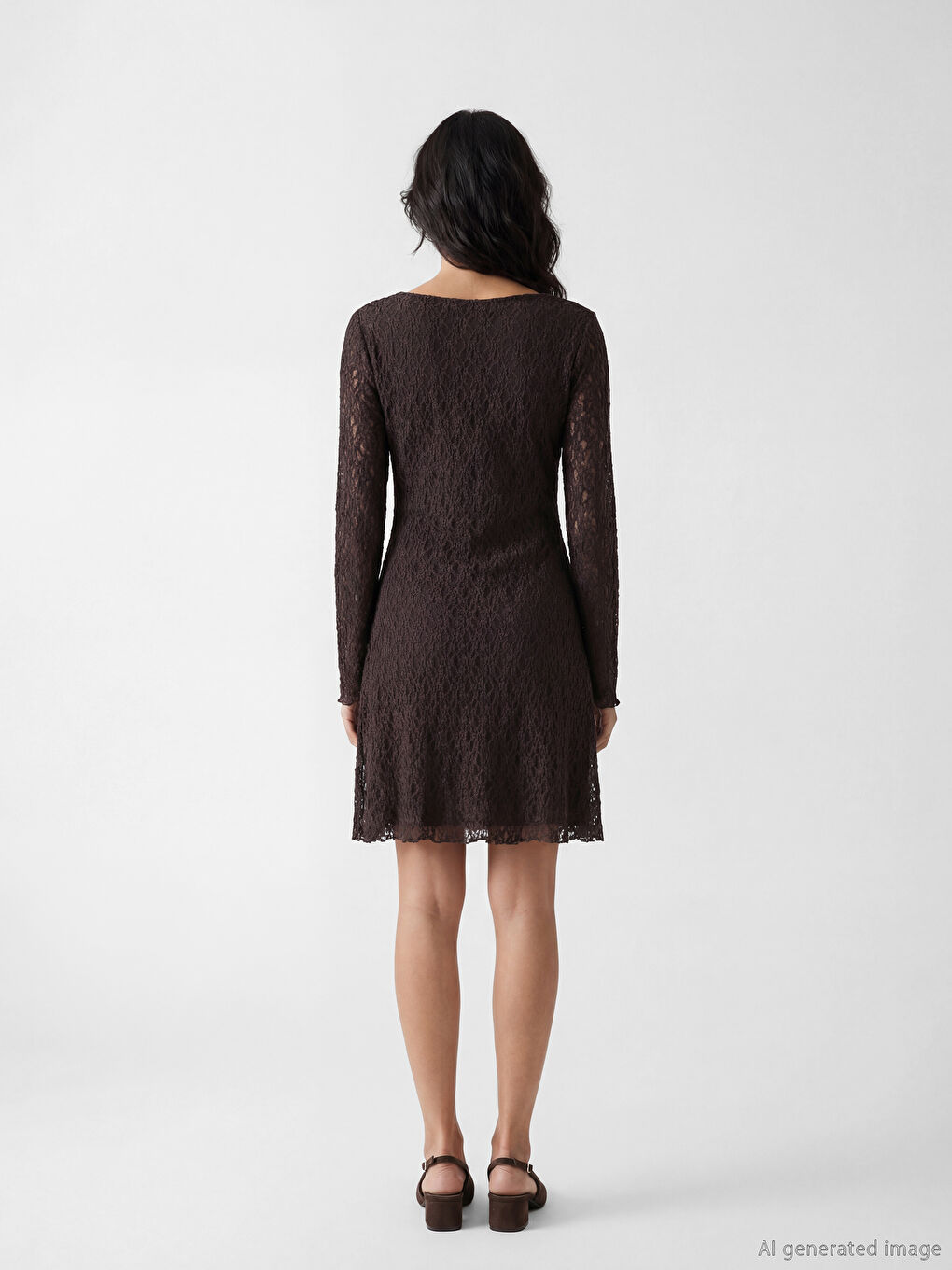 Kahverengi U Yaka Dantelli Mini Elbise	-2