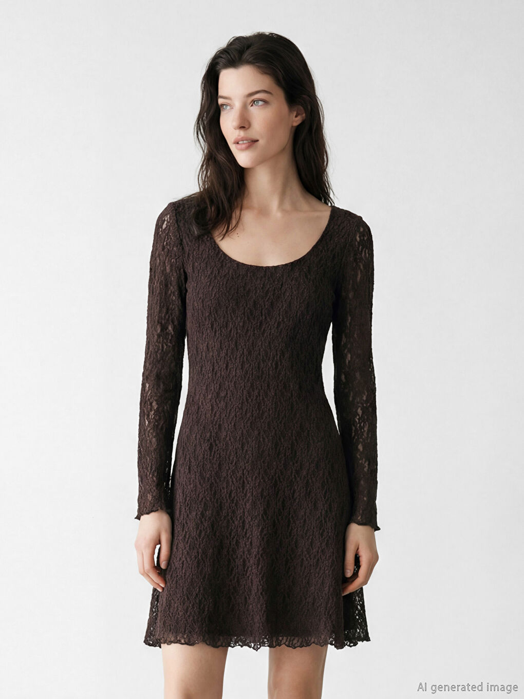 Kahverengi U Yaka Dantelli Mini Elbise	-3