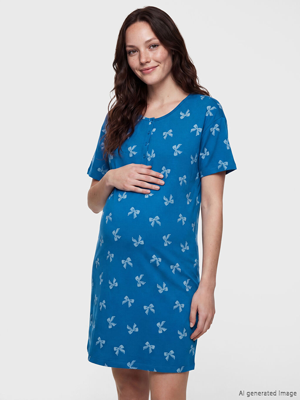 Нощница за бременност с кръгло деколте и панделков принт-1