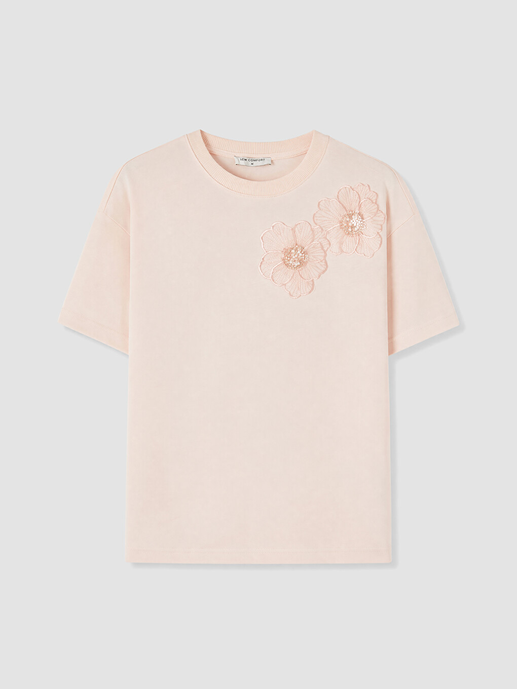 Pembe Bisiklet Yaka Çiçek Nakışlı Kadın Tişört-4