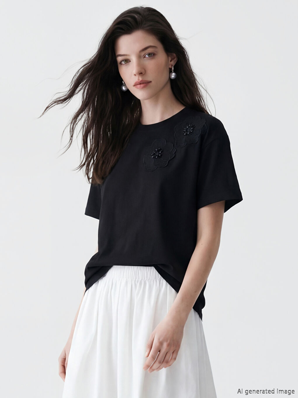 Crew Neck Flower Appliqued Women's T-Shirt