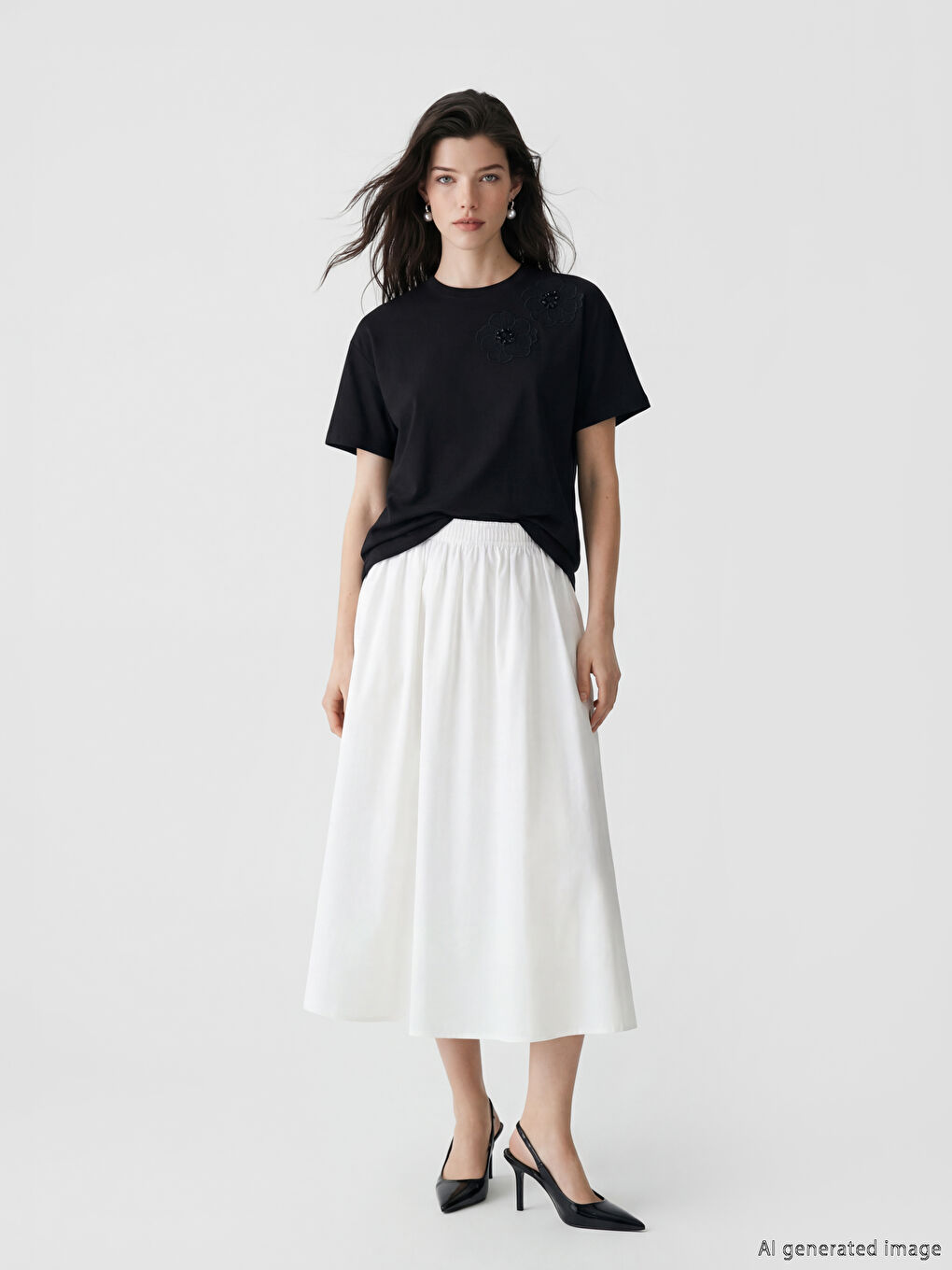 Crew Neck Flower Appliqued Women's T-Shirt-1