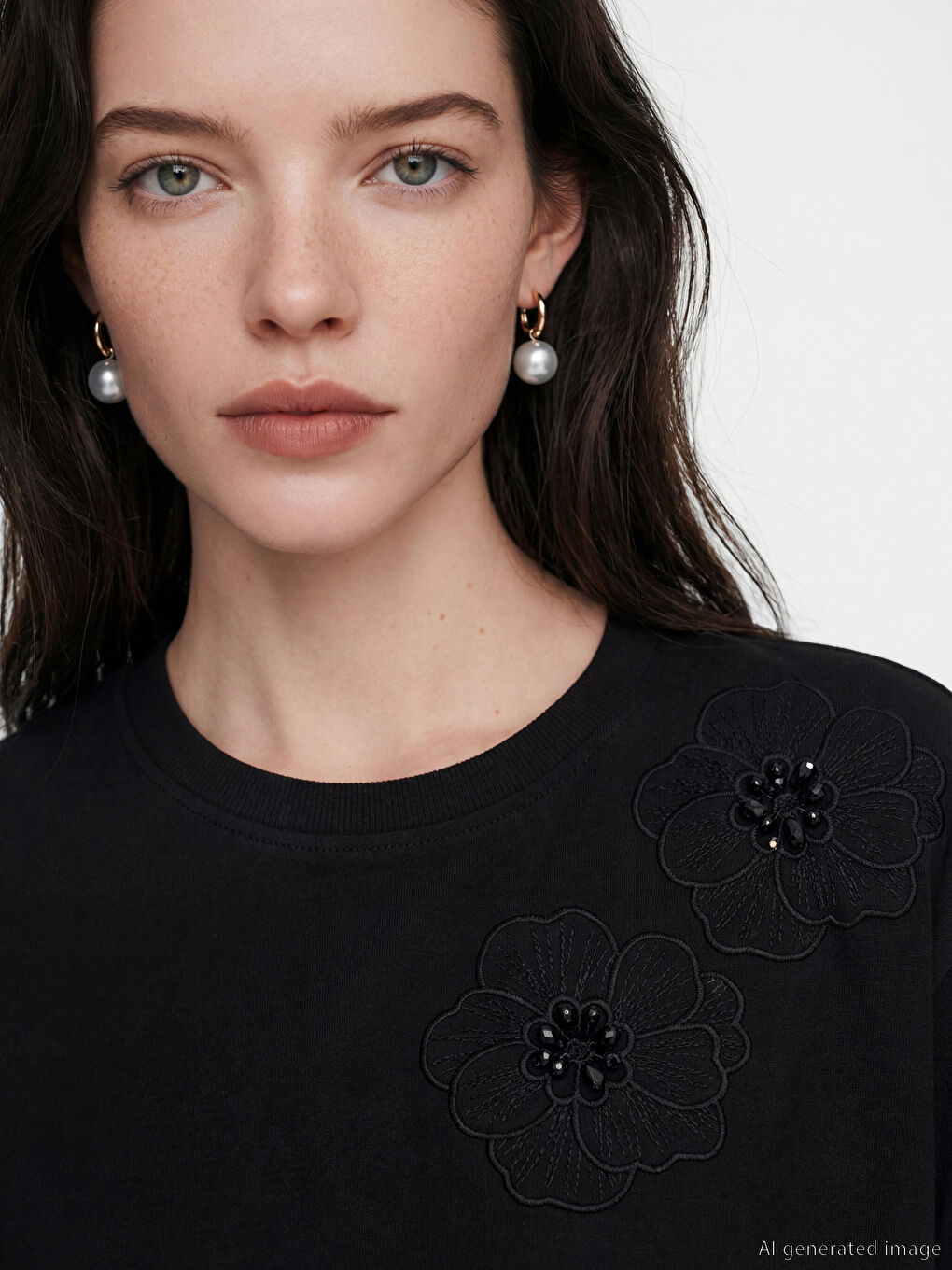 Crew Neck Flower Appliqued Women's T-Shirt-2