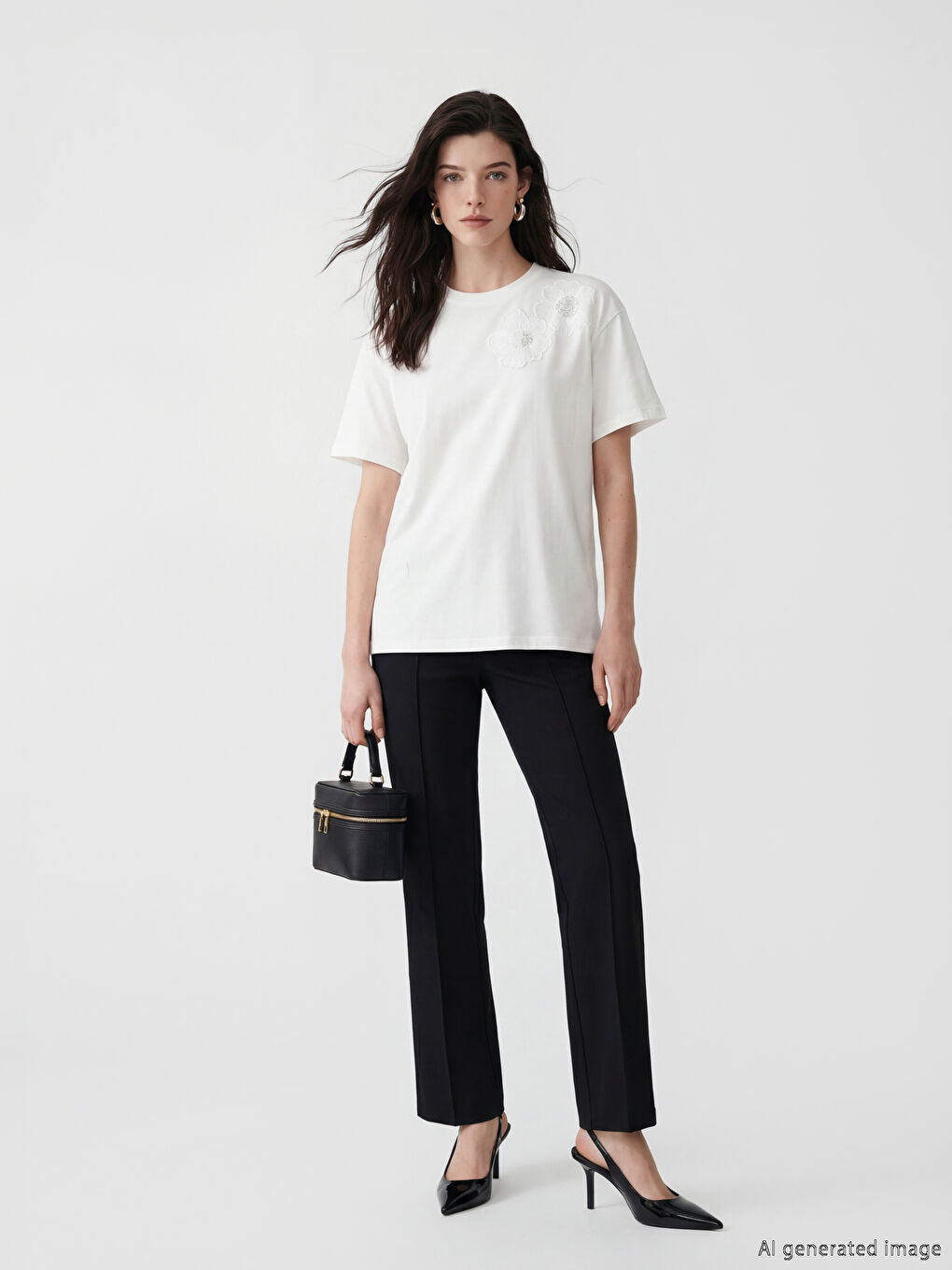 Beyaz Bisiklet Yaka Çiçek Aplikeli Kadın Tişört-1